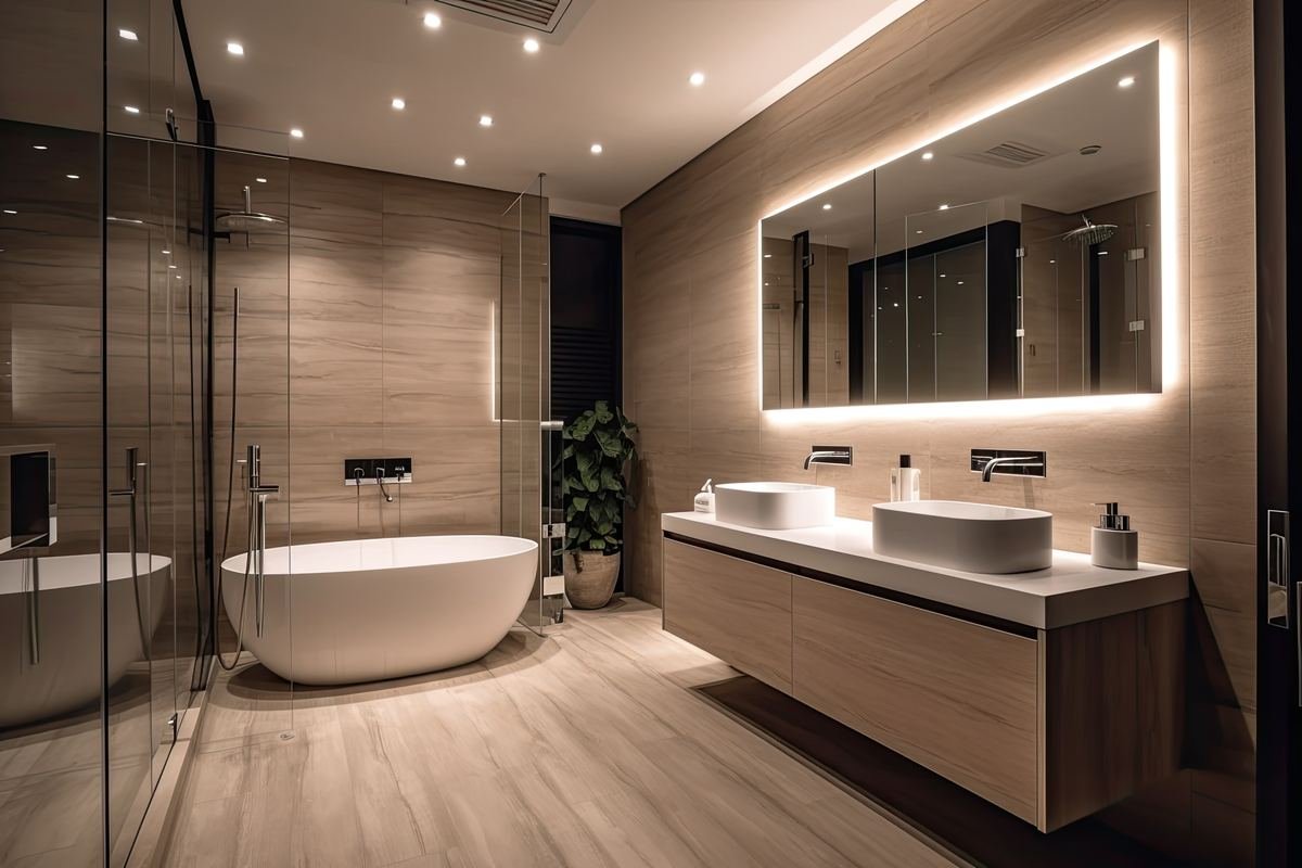 A finished modern bathroom with a freestanding bath and a walk-in shower
