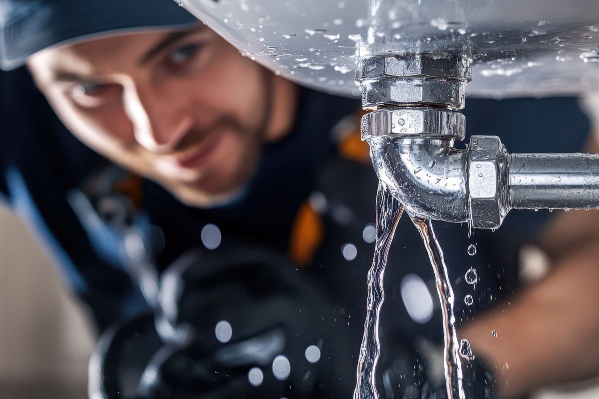 Water spraying from a leaking chrome pipe joint under a basin